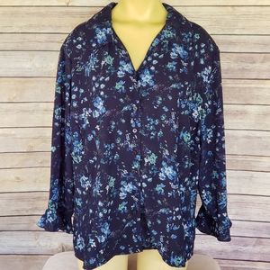 Navy Blue Floral Button Front Blouse